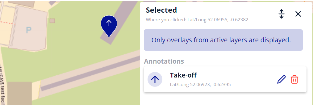 Display of 'where you clicked' and take-off marker geolocations